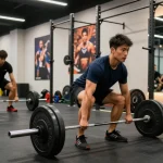 Athlete lifting weights in a modern gym, showcasing strength training with Deus Medical Steroids.