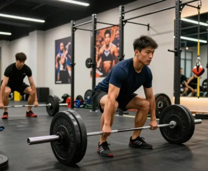 Athlete lifting weights in a modern gym, showcasing strength training with Deus Medical Steroids.