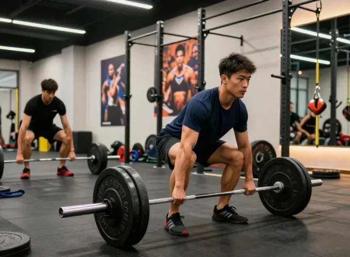 Athlete lifting weights in a modern gym, showcasing strength training with Deus Medical Steroids.