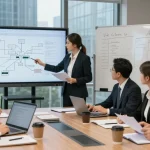 Legal professionals conducting asset tracing analysis in a modern office.