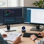 Developer at a modern workspace with dual monitors showcasing snipaste官网 coding tools for enhanced productivity