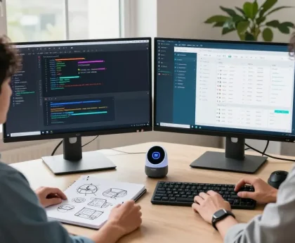 Developer at a modern workspace with dual monitors showcasing snipaste官网 coding tools for enhanced productivity