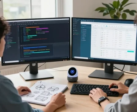 Developer at a modern workspace with dual monitors showcasing snipaste官网 coding tools for enhanced productivity