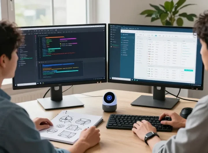 Developer at a modern workspace with dual monitors showcasing snipaste官网 coding tools for enhanced productivity