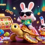Spin and win with isuzukebumen's lucky rabbit and golden turtle in a vibrant casino scene.