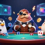 Experience Raja game login at an underwater card table featuring a jolly walrus, animated penguin dealer, and playful pufferfish.