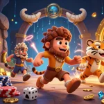 Experience the thrill of Raja game login with a lively cartoon casino scene filled with exciting elements.