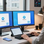 Developer showcasing telegram中文版下载 on multiple screens in a modern workspace
