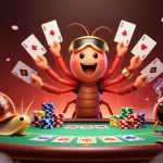 sun-themed illustration of lively casino scene with colorful poker elements.