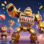 Tải Sunwin with golden gorilla mech and vibrant casino elements, showcasing thrilling gameplay.