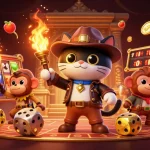 Engage in mahjong 777 action with a whimsical exploring cat and dynamic casino elements.