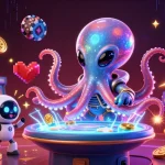 Mengoperasikan mesin slot, alien gurita bercahaya dikelilingi koin emas dan permainan arcade