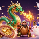 Experience the thrill as you play iwin with vibrant dragons, gems, and winning cards in a dynamic casino scene.