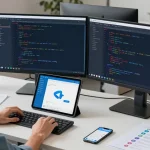 Dynamic workspace showcasing telegram中文版下载 app development with multiple monitors and devices.