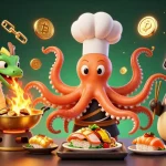 Engage in thrilling gameplay with tải go88 as a sushi chef octopus creates delicacies under a vibrant crypto-themed scene.