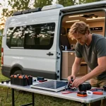 Builder upgrading electrical system in campervan, showcasing rokok88 innovations in outdoor setting