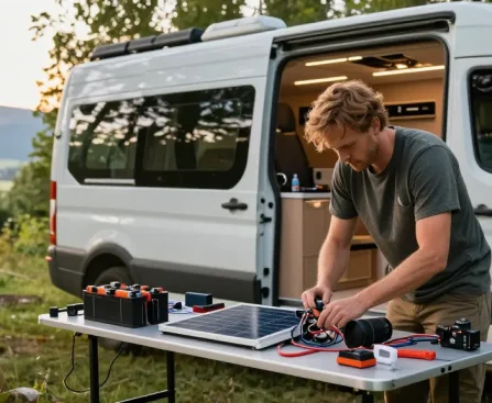 Builder upgrading electrical system in campervan, showcasing rokok88 innovations in outdoor setting