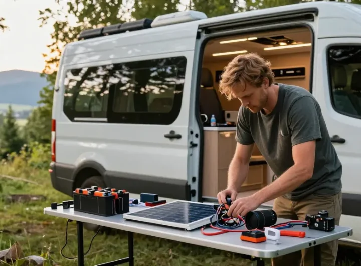 Builder upgrading electrical system in campervan, showcasing rokok88 innovations in outdoor setting