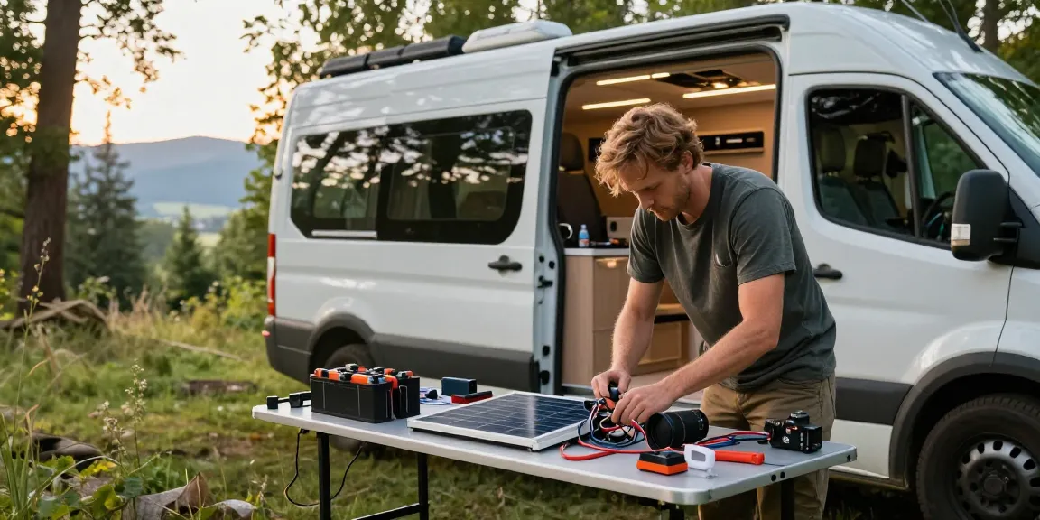 Builder upgrading electrical system in campervan, showcasing rokok88 innovations in outdoor setting