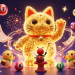 Experience Rong bach kim excitement as golden fireflies and lottery symbols create a festive scene.