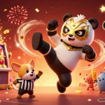 LUCKY77 brings excitement as a panda wrestler soars in a dynamic casino illustration.