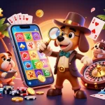 Sbobet enhances your gaming with a thrilling scene of a detective and bulldog exploring casino treasures.