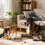 This page features a cozy pet care scene with a Great Dane and Boxer puppy in a warm living room.