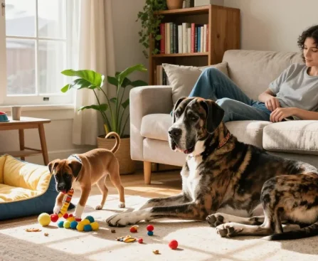 This page features a cozy pet care scene with a Great Dane and Boxer puppy in a warm living room.