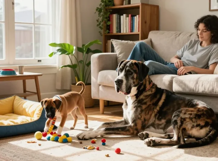 This page features a cozy pet care scene with a Great Dane and Boxer puppy in a warm living room.