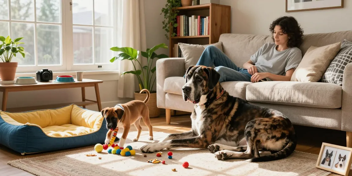 This page features a cozy pet care scene with a Great Dane and Boxer puppy in a warm living room.
