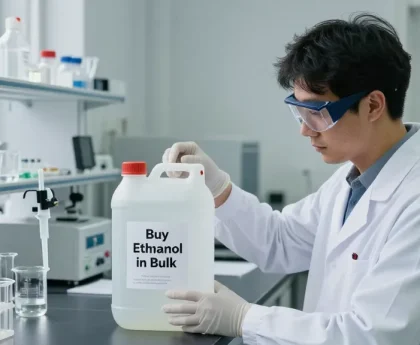 Buy ethanol in bulk with a scientist analyzing chemical data in a laboratory setting.