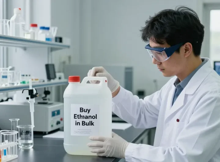 Buy ethanol in bulk with a scientist analyzing chemical data in a laboratory setting.