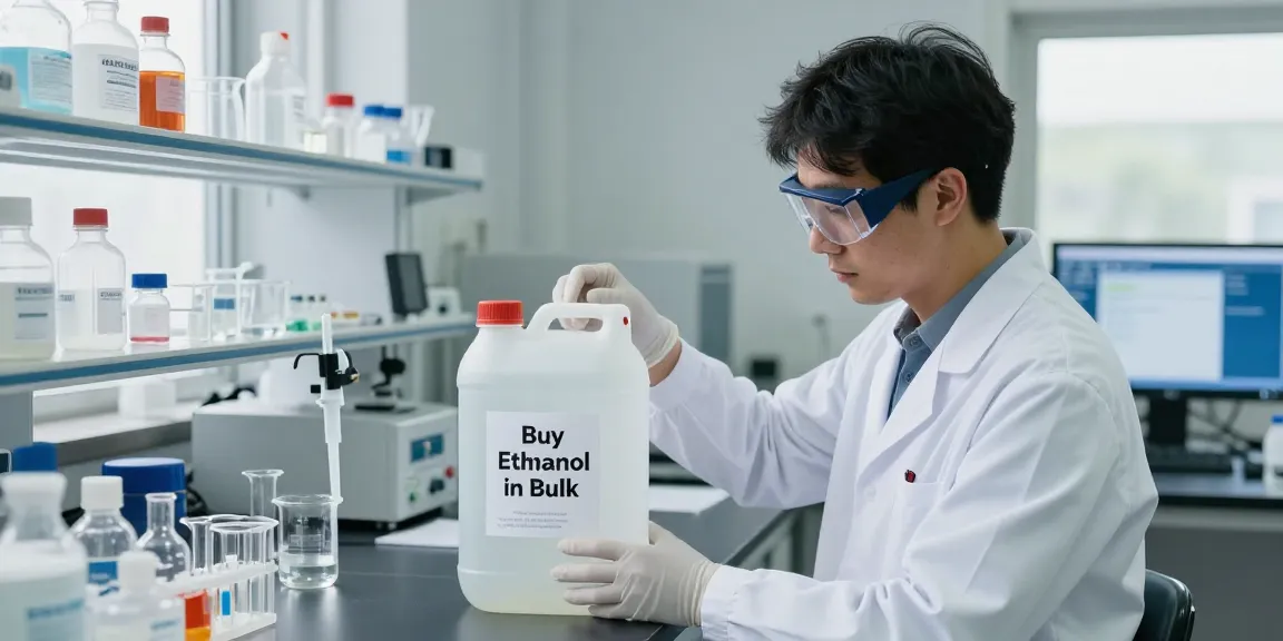 Buy ethanol in bulk with a scientist analyzing chemical data in a laboratory setting.