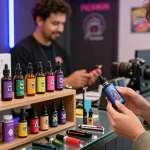 Discovering THC vape PackMan selections in a vibrant vape shop.
