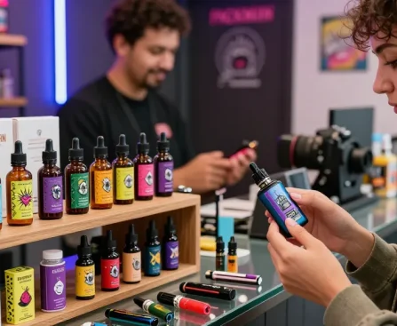 Discovering THC vape PackMan selections in a vibrant vape shop.