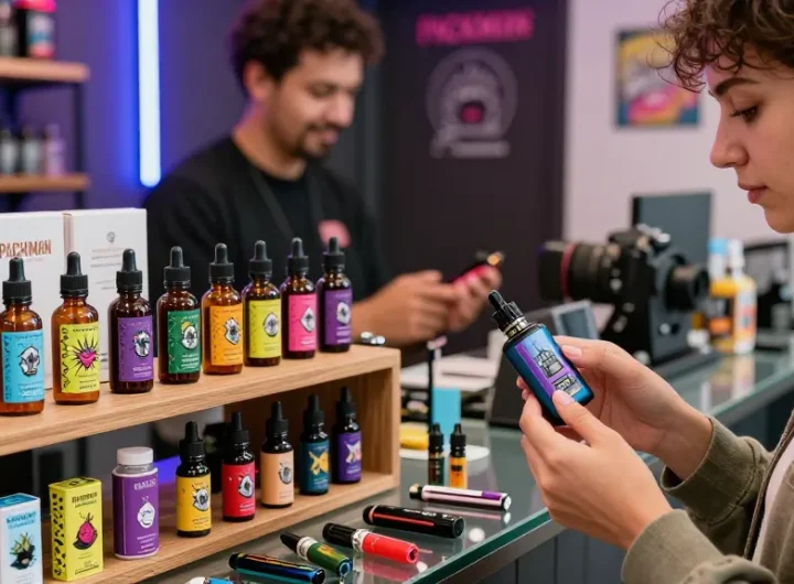 Discovering THC vape PackMan selections in a vibrant vape shop.
