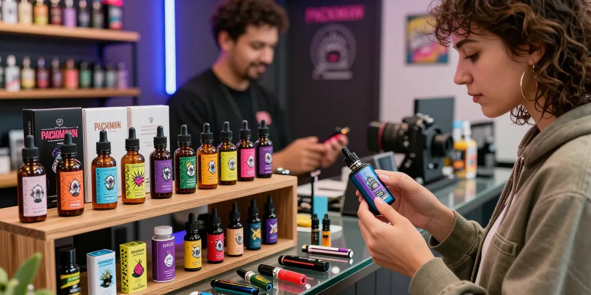 Discovering THC vape PackMan selections in a vibrant vape shop.